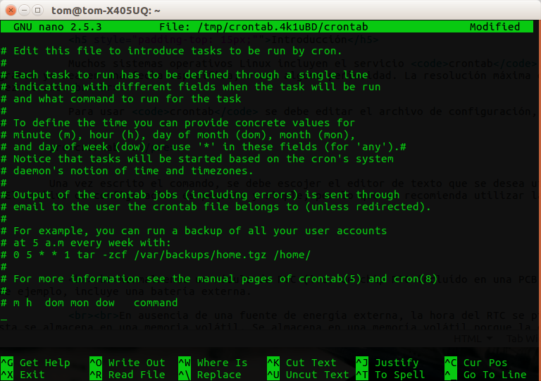 archivo de configuración de crontab utilizando nano